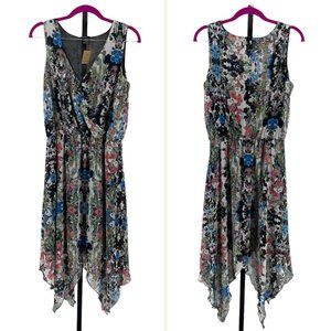 Robert Louis Womens Handkerchief Midi Floral Dress size M Flowy Faux Wrap Fairy